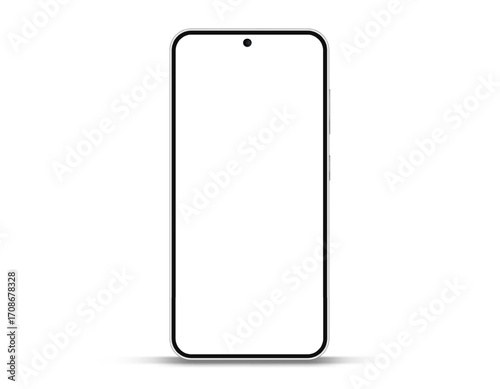 Realistic smartphone mockup. Mobile phone vector with isolated on white background. Device front view. 3D mobile phone with shadow. Realistic, high quality smart phone mockup for ui ux presentation.