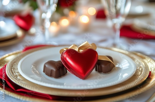 Elegant Table Setting Featuring Heart-Shaped Chocolates and Roses for a Roman...