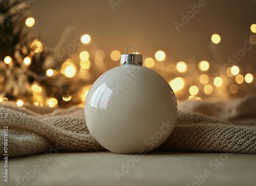 Decorative White Ornament Placed on Soft Fabric With Golden Lights in Backgro...