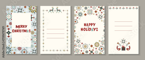Trendy winter holidays art templates. Scandinavian folk Christmas card set for festive design, cozy winter card, seasonal project. Vector backgrounds with place for text in cozy nordic palette