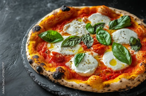 Homemade Pizza With Mozzarella and Fresh Basil on a Dark Slate Board.