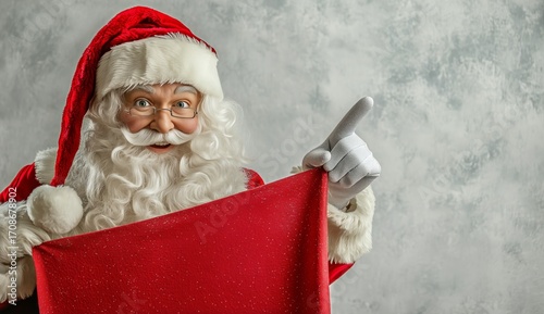 Santa Claus Smiles and Points at a Large Red Sign in a Festive Setting During...