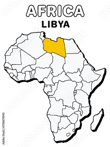Libya country in yellow highlighted map on africa continent map detailed vector illustration