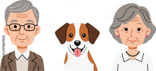 Cartoon elderly couple with dog illustration vector art editable vector