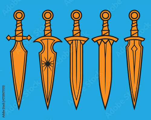 Collection of Five Unique Fantasy Swords with Orange Blades and Blue Background