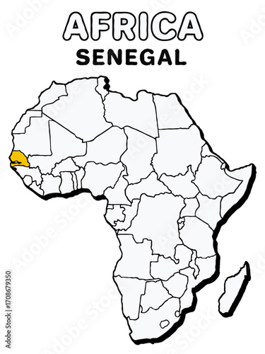 Senegal  country in yellow highlighted map on africa continent map detailed vector illustration