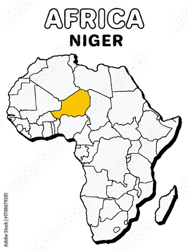 Niger country in yellow highlighted map on africa continent map detailed vector illustration
