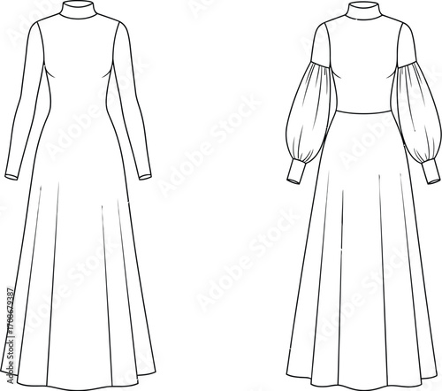 Fashion design dresses long sleeve mockups and illustrations editable vector