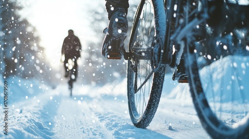 Two cyclists riding in a winter snowstorm.