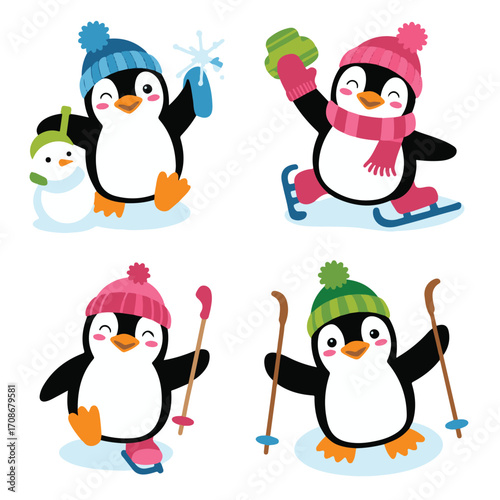 Cute Winter Penguins Playing and Skiing