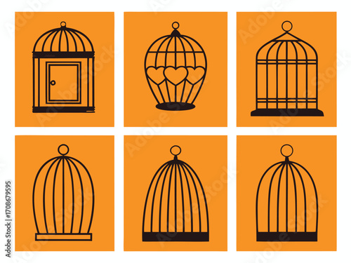 Variety of Vintage Birdcage Designs Illustration with Door, Hearts and Simple Dome Shape