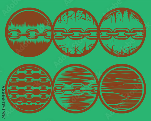 Seamless Background Pattern with Chain Illustrations Inside Brown Circle Frames on Green