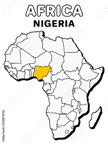 Nigeria country in yellow highlighted map on africa continent map detailed vector illustration