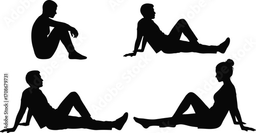People silhouette relaxing poses sitting lying down set editable vector