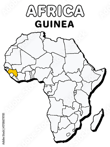Guinea country in yellow highlighted map on africa continent map detailed vector illustration