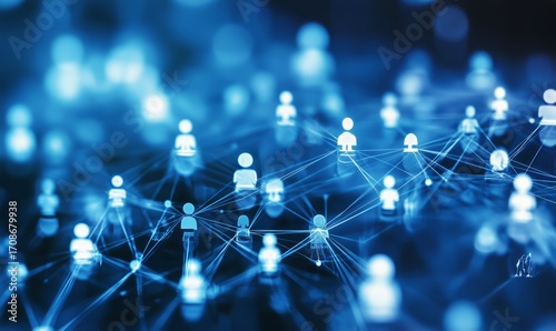 Digital Network of Connected User Icons Against a Blue Background With Glowin...