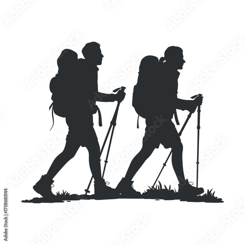 Silhouette of Two Hikers Trekking with Backpacks and Poles on a Transparent Background for Outdoor Adventure