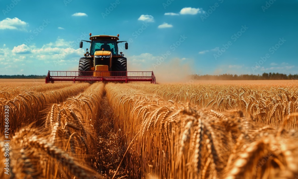 Fototapeta premium Wheat Harvesting With a Tractor Under Bright Blue Sky on a Sunny Day in the Countryside