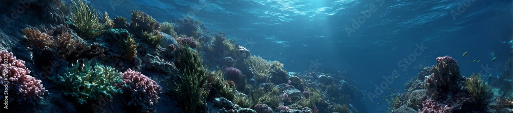 Fototapeta premium Underwater coral reef ecosystem ocean hdr panoramic view vibrant marine life serene environment