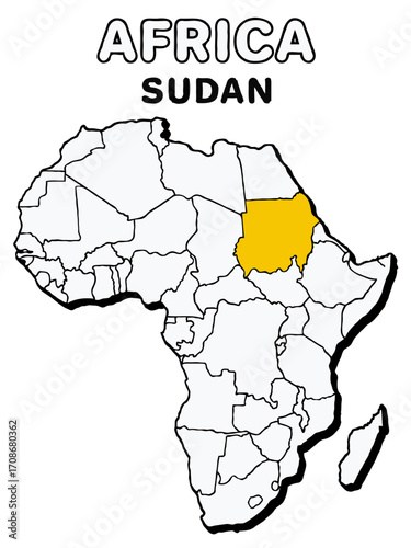 Sudan country in yellow highlighted map on africa continent map detailed vector illustration	