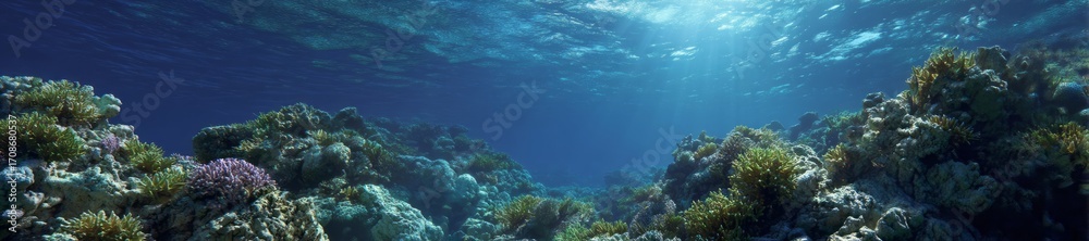 Fototapeta premium Underwater coral reef ecosystem hdri panoramic view tropical ocean scenic nature vibrant marine life