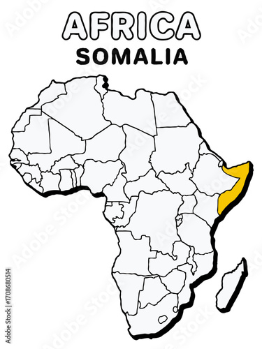 Somalia country in yellow highlighted map on africa continent map detailed vector illustration	