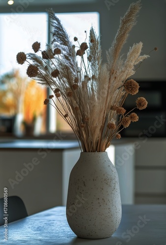 Stylish Vase With Dried Flowers Placed on a Marble Kitchen Counter in a Moder...