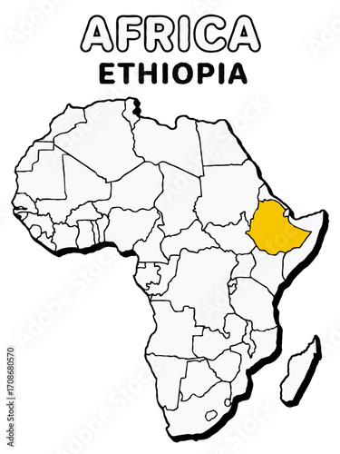 Ethiopia country in yellow highlighted map on africa continent map detailed vector illustration	