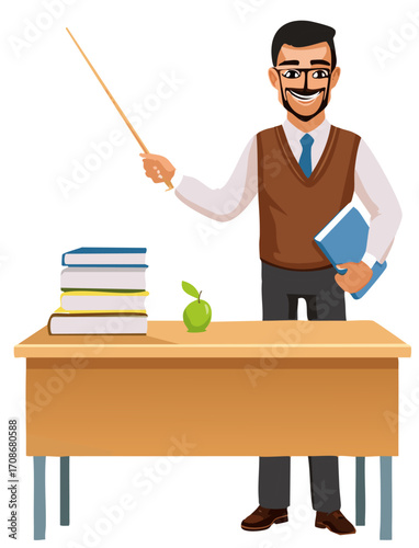 Teacher are explaining lesson at blackboard in his classroom	
