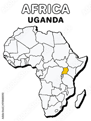Uganda country in yellow highlighted map on africa continent map detailed vector illustration	