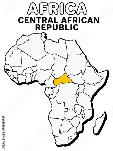 Central african republic country in yellow highlighted map on africa continent map detailed vector illustration	
