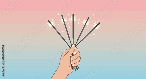 A hand holding several lit sparklers against a gradient background of pink and blue.