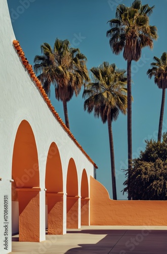 Palms and Arches Create a Tranquil Scene in a Sunny Courtyard in Southern Cal...