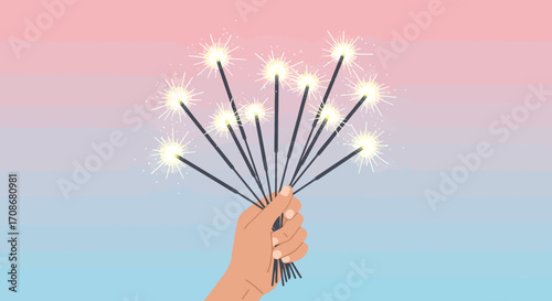 Hand holding sparklers against a gradient background of pink and blue.
