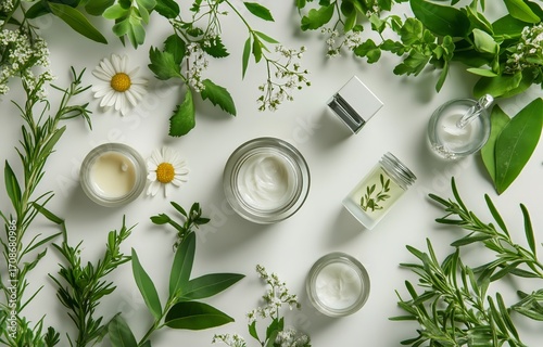 Natural Skincare Products Arranged With Green Leaves and Flowers on a Light B...