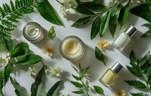 Natural Skincare Products Arranged With Green Leaves and Flowers on a Light B...