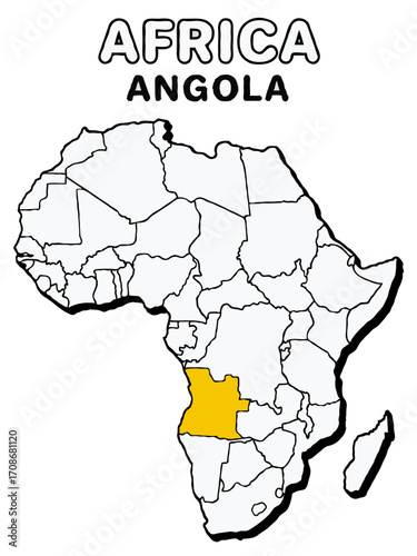 Angola country in yellow highlighted map on africa continent map detailed vector illustration	