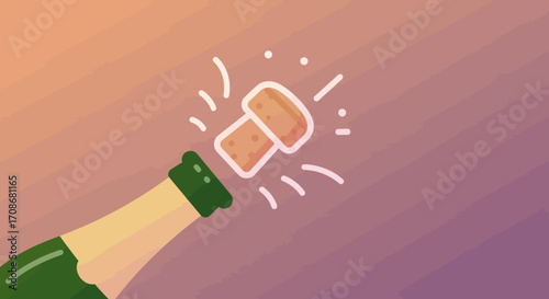 Illustration of a champagne bottle being opened, with a cork popping out.