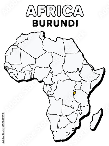 Burundi country in yellow highlighted map on africa continent map detailed vector illustration	