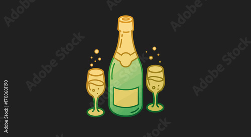 Illustration of a champagne bottle and two glasses on a dark background.