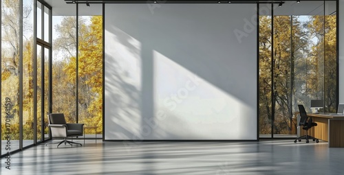 Modern Interior Design With Large Windows Showcasing Autumn Trees in a Workspace