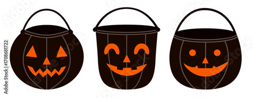 Set of three black Halloween pumpkin buckets with orange jack o lantern faces. Festive containers for trick or treat, candy collection and holiday celebration. Perfect design for Halloween decorations
