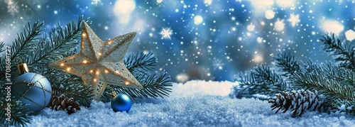 Winter Festive Scene With Sparkling Star and Ornaments on Snow-Covered Ground.