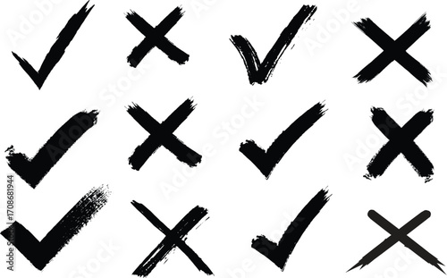 Hand Drawn Check Mark and Cross Icons Set – Doodle Checkbox, Tick, Wrong and Right Symbols Vector Illustration