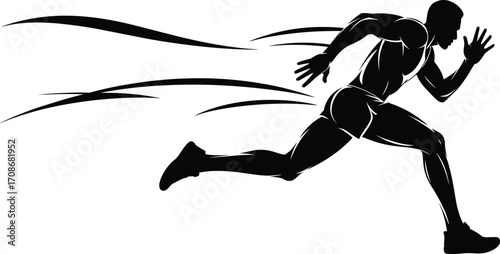Silhouette of muscular man sprinting fast with motion streaks, dynamic speed and power concept, vector illustration for sports, fitness, and athletic themes