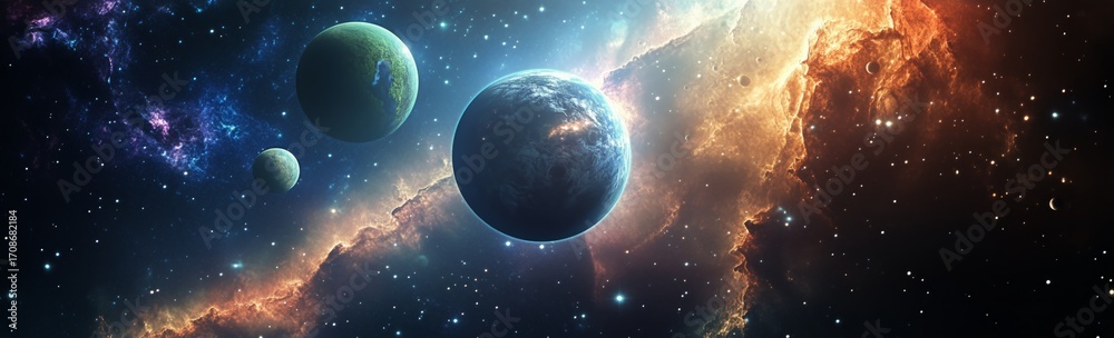 Obraz premium Vast Expanse of Space Reveals Colorful Planets and Swirling Galaxy at the Edge of the Universe