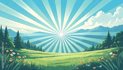 Sunny Meadow Landscape with Mountain Range and Sunburst