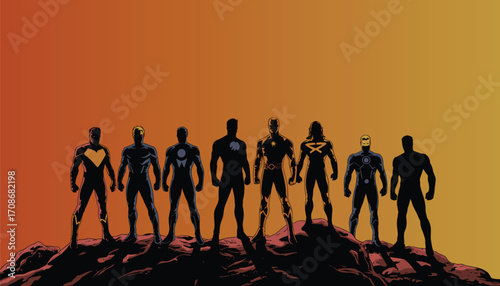 Silhouettes of diverse superhero team standing boldly on rocky terrain, sunset background, powerful heroes united for justice, vector comic style illustration