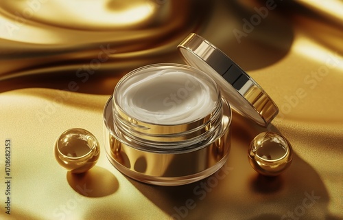 Luxurious Skincare Cream Displayed on Golden Fabric for Elegant Beauty Routine
