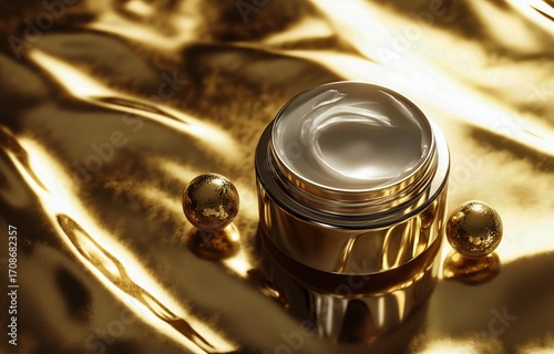 Luxurious Cream Jar on Shimmering Gold Surface Highlights Beauty and Elegance...